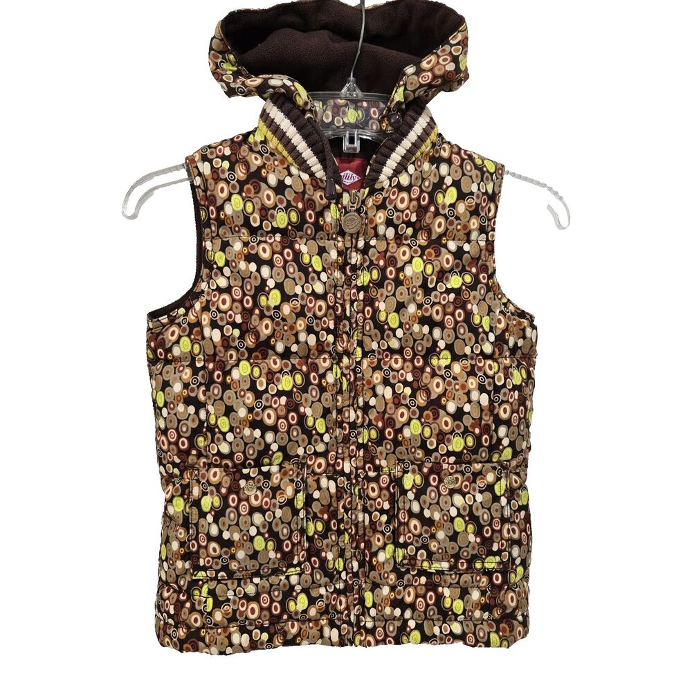 Oilily Girls 140 US 10 Hooded Puffer Vest Jacket Brown Fleece Lined Artsy Fall